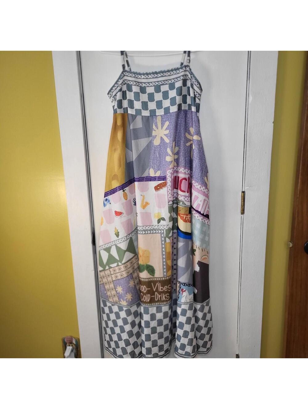 multicolor graffiti print maxi cami dress patchwork design,  spaghetti straps LG